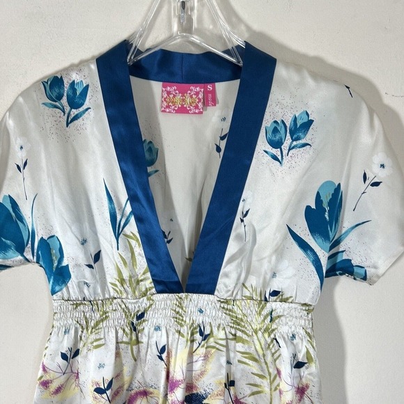 Yumi Kim Silk Floral Kimono Chinese Style Blouse Top Size S Blue White - Picture 3 of 8